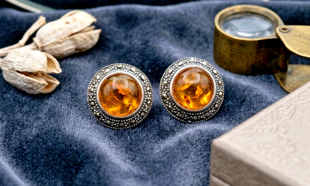 Vintage Sterling Silver Honey Amber Marcasite Stud Earrings 925 Halo Round USA